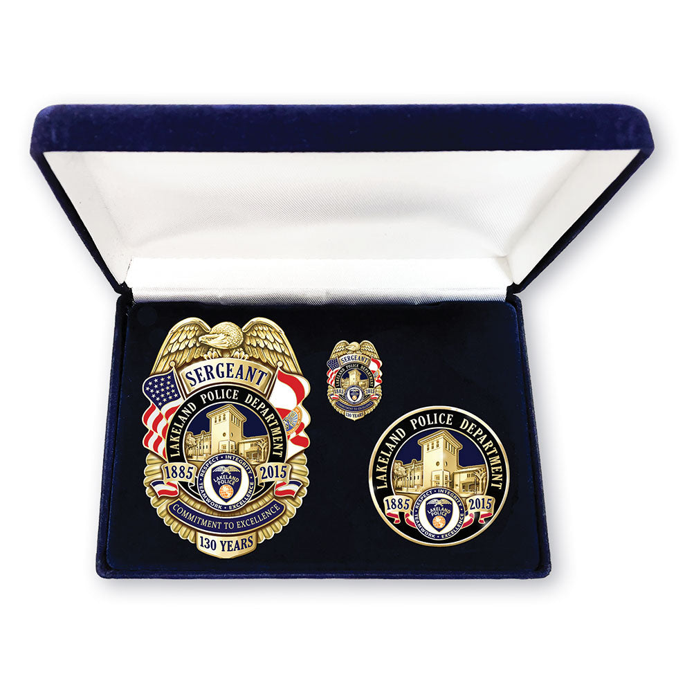 Lakeland Police Department 130th Anniversary/Memorial Badge, Coin and Pin Set