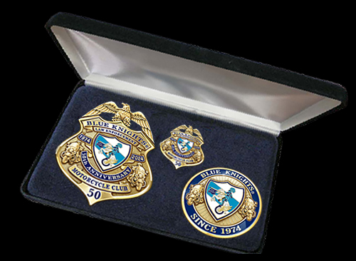 Blue Knights Motorcycle Club 50th Anniversary Badge, Coin, and Pin Set