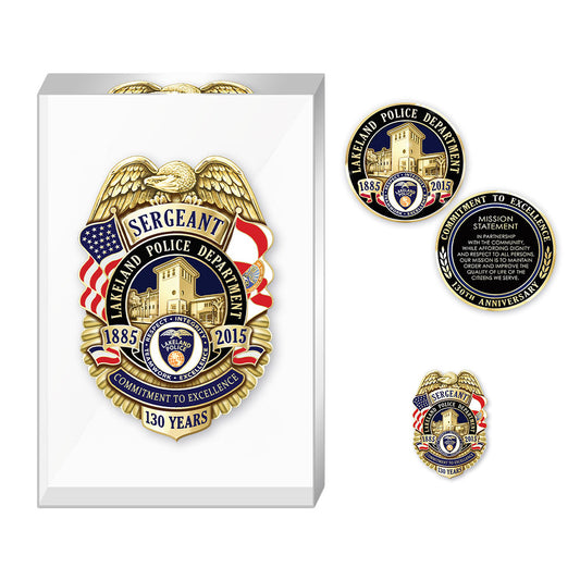 Lakeland Police Department 130th Anniversary/Memorial Badge in Lucite, Coin and Pin Set